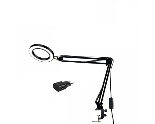 Настольная лампа LNB2S-15A в виде светодиодного светильника диаметром 15 см с USB адаптером на пантографе с усиленной струбциной для горизонтального и вертикального крепления