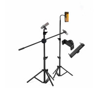 Комплект напольных стоек MTS-5D: штатив с 3 держателями для телефона от 5,7 см и для планшета до 25 см и микрофонная стойка журавль с 2 держателями для микрофона