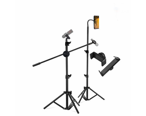 Комплект напольных стоек MTS-5D: штатив с 3 держателями для телефона от 5,7 см и для планшета до 25 см и микрофонная стойка журавль с 2 держателями для микрофона