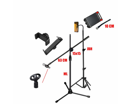 Комплект напольных стоек MTS-4D: штатив с 3 держателями для телефона от 5,7 см и для планшета до 25 см и микрофонная стойка с держателем для ручного микрофона
