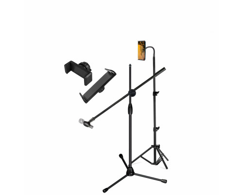 Комплект напольных стоек MTS-4D: штатив с 3 держателями для телефона от 5,7 см и для планшета до 25 см и микрофонная стойка с держателем для ручного микрофона