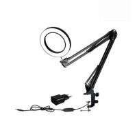 Настольная черная светодиодная лампа лупа LN2S-22A с адаптером питания на усиленной струбцине для горизонтального и вертикального крепления