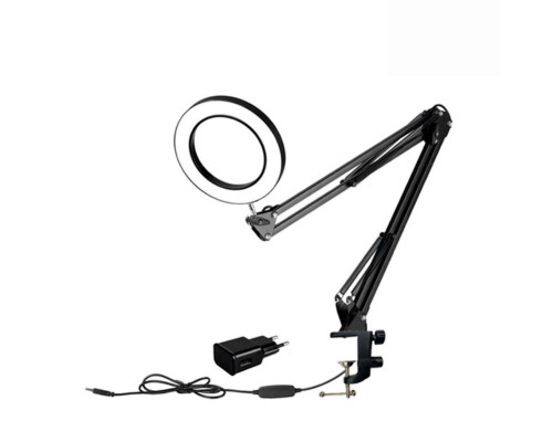 Настольная черная светодиодная лампа лупа LN2S-33A с адаптером питания на усиленной струбцине для горизонтального и вертикального крепления