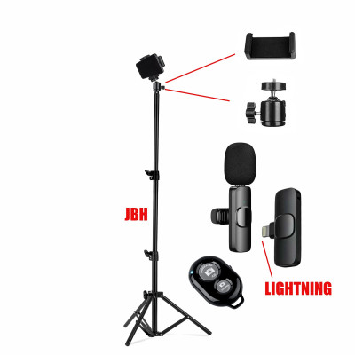 Комплект KJB-9: напольный штатив JBH с держателем для телефона, шарниром, пультом Bluetooth и беспроводной петличный микрофон K9 для Iphone с разъемом Lightning