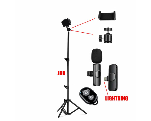 Комплект KJB-9: напольный штатив JBH с держателем для телефона, шарниром, пультом Bluetooth и беспроводной петличный микрофон K9 для Iphone с разъемом Lightning