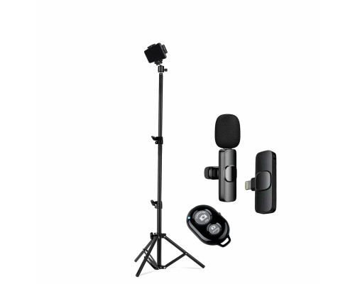 Комплект KJB-9: напольный штатив JBH с держателем для телефона, шарниром, пультом Bluetooth и беспроводной петличный микрофон K9 для Iphone с разъемом Lightning