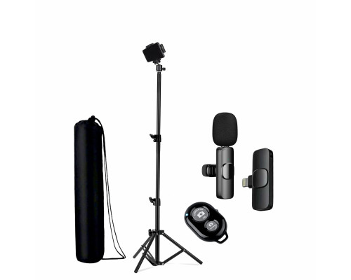 Комплект KJB-9B: напольный штатив JBH с держателем для телефона, шарниром, пультом Bluetooth, чехлом и беспроводной петличный микрофон K9 для Iphone с разъемом Lightning