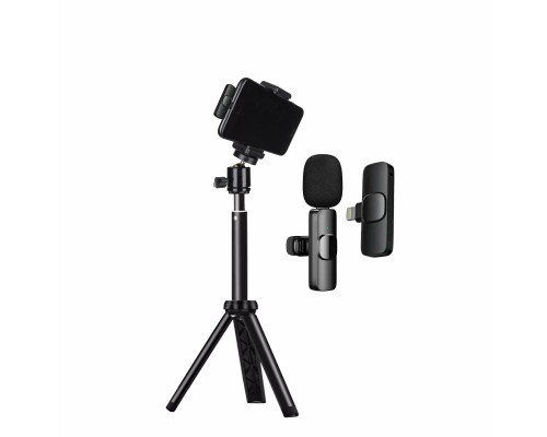 Комплект KTR-029: универсальная настольная тренога TR-02 с телескопическим удлинителем с держателем для телефона с креплением в паз и беспроводной петличный микрофон K9 для Iphone с разъемом Lightning