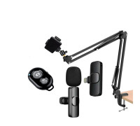 Комплект KST-9: усиленный пантограф ST с усиленной струбциной, держателем телефона, кнопкой Bluetooth, нагрузка до 1.6 кг, и беспроводной петличный микрофон K9 для Iphone с разъемом Lightning