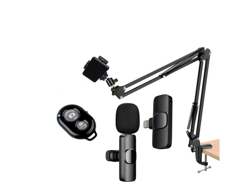 Комплект KST-9: усиленный пантограф ST с усиленной струбциной, держателем телефона, кнопкой Bluetooth, нагрузка до 1.6 кг, и беспроводной петличный микрофон K9 для Iphone с разъемом Lightning