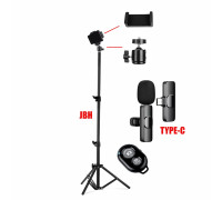 Комплект JBK-8: напольная стойка JBH с держателем для телефона, шарниром, пультом Bluetooth и беспроводной петличный микрофон K8 для устройств с разъемом Type-C