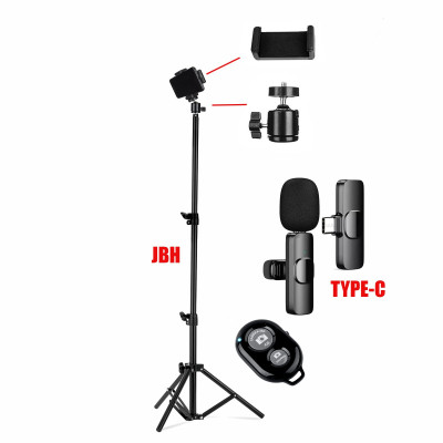 Комплект JBK-8: напольная стойка JBH с держателем для телефона, шарниром, пультом Bluetooth и беспроводной петличный микрофон K8 для устройств с разъемом Type-C