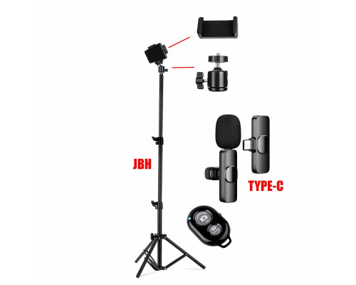Комплект JBK-8: напольная стойка JBH с держателем для телефона, шарниром, пультом Bluetooth и беспроводной петличный микрофон K8 для устройств с разъемом Type-C