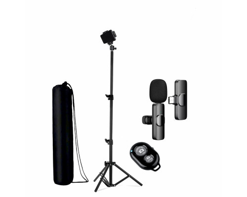Комплект JBK-8B: напольная стойка JBH с держателем для телефона, шарниром, чехлом, пультом Bluetooth и беспроводной петличный микрофон K8 для устройств с разъемом Type-C