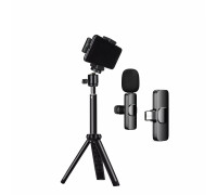 Комплект KTR-028: универсальная настольная тренога TR-02 с телескопическим удлинителем с держателем для телефона с креплением в паз и беспроводной петличный микрофон K8 для устройств с разъемом Type-C