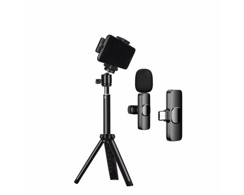 Комплект KTR-028: универсальная настольная тренога TR-02 с телескопическим удлинителем с держателем для телефона с креплением в паз и беспроводной петличный микрофон K8 для устройств с разъемом Type-C