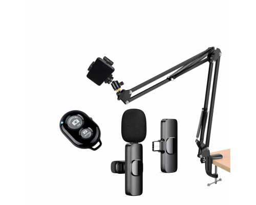 Комплект KST-8: усиленный пантограф ST с усиленной струбциной, держателем телефона, кнопкой Bluetooth, нагрузка до 1.6 кг, и беспроводной петличный микрофон K8 для устройств с разъемом Type-C
