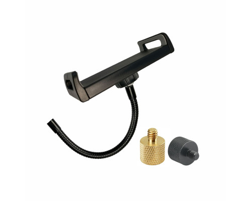 Зажим для планшета шириной до 25 см на гибком держателе, резьба 1/4, с переходниками на 3/8 и 5/8, для микрофонных стоек