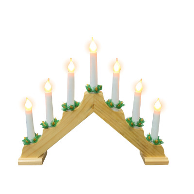 Светильник рождественская горка c деревянной основой, светлое дерево, цоколь E10, c матовыми LED лампочками в виде пламени