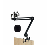 Настольная стойка PT2S-01MPZ пантограф с держателем для микрофона паук металлический и ветрозащитой на усиленной струбцине для вертикального и горизонтального крепления