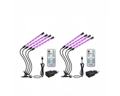 Фитолампа светодиодная, 4 панели, светильник для растений с регулируемым зажимом, пультом на проводе, пультом ДУ и адаптером питания, 2шт