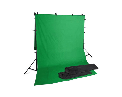 Каркас, высота 2 метра, ширина до 1.8 метра, с фоном хромакей тканевый, 1.8х3 м, прищепками для крепления, 8 шт, и 2 сумками для переноски