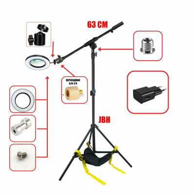 Светодиодная лампа лупа черная JBLN-16AM с адаптером питания на напольной стойке JBH с мешком для противовеса на треноге