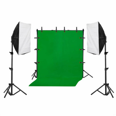 Фотофон хромакей, 1.8х3 м, на каркасе с прищепками и 2 софтбокса на штативе JBH