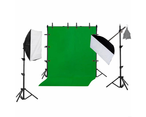 Фотофон хромакей, 1.8х3 м, на каркасе с прищепками и 2 софтбокса на штативе JBH и на журавле 35 см с крючком для противовеса