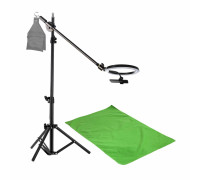 Комплект JKL26-F051 для горизонтальной съемки: напольная стойка JBH с кольцевой лампой 26 см, крючком для противовеса и фон хромакей тканевый, 0.5х1 м