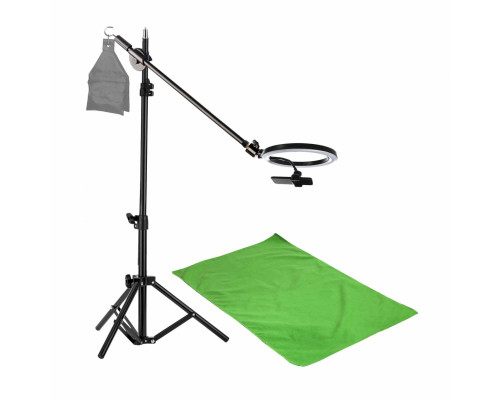 Комплект JKL26-F051 для горизонтальной съемки: напольная стойка JBH с кольцевой лампой 26 см, крючком для противовеса и фон хромакей тканевый, 0.5х1 м