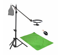 Комплект JKL26-F051K для горизонтальной съемки: напольная стойка JBH с кольцевой лампой 26 см и крючком для противовеса, фон хромакей тканевый, 0.5х1 м, и кнопка Bluetooth