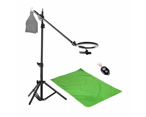 Комплект JKL26-F051K для горизонтальной съемки: напольная стойка JBH с кольцевой лампой 26 см и крючком для противовеса, фон хромакей тканевый, 0.5х1 м, и кнопка Bluetooth