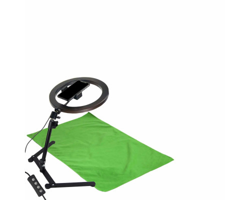 Комплект SL26-F051 для горизонтальной съемки: настольная стойка держатель с кольцевой LED лампой 26 см и фон хромакей тканевый, 0.5х1 м