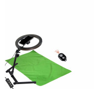 Комплект SL26-F051K для горизонтальной съемки: настольная стойка держатель с кольцевой LED лампой 26 см, фон хромакей тканевый, 0.5х1 м, и кнопка Bluetooth