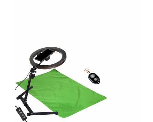 Комплект SL26-F051K для горизонтальной съемки: настольная стойка держатель с кольцевой LED лампой 26 см, фон хромакей тканевый, 0.5х1 м, и кнопка Bluetooth