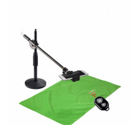 Комплект ZMK63-F051K для горизонтальной съемки сверху: настольная стойка с держателем для телефона на шарнире c крючком для противовеса, фон хромакей тканевый, 0.5х1 м, и кнопка Bluetooth