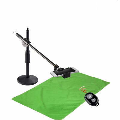 Комплект ZMK63-F051K для горизонтальной съемки сверху: настольная стойка с держателем для телефона на шарнире c крючком для противовеса, фон хромакей тканевый, 0.5х1 м, и кнопка Bluetooth