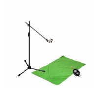 Комплект MLKDT-F051K для горизонтальной съемки сверху: напольный штатив ML с крючком для противовеса, держателем телефона до 85 мм, фон хромакей тканевый, 0.5х1м, и  кнопка Bluetooth