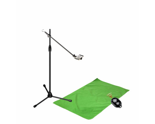 Комплект MLKDT-F051K для горизонтальной съемки сверху: напольный штатив ML с крючком для противовеса, держателем телефона до 85 мм, фон хромакей тканевый, 0.5х1м, и  кнопка Bluetooth