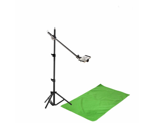 Комплект JKLDT-F051 для горизонтальной съемки сверху: напольная стойка JBH с крючком для противовеса, держателем телефона до 85 мм и фон хромакей тканевый, 0.5х1 м