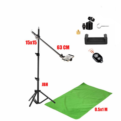 Комплект JKDT-F051K для горизонтальной съемки сверху: напольная стойка JBH с крючком для противовеса, держателем телефона до 85 мм, фон хромакей тканевый, 0.5х1 м, и кнопка Bluetooth