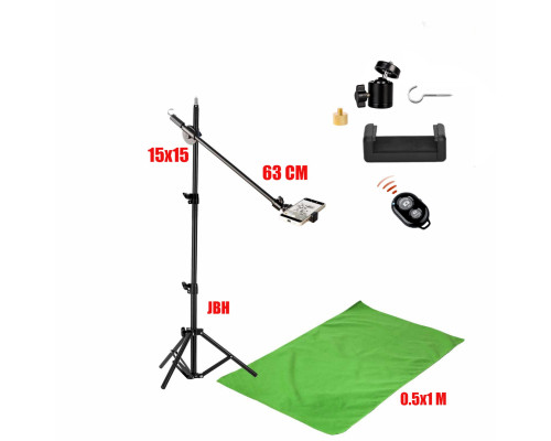 Комплект JKDT-F051K для горизонтальной съемки сверху: напольная стойка JBH с крючком для противовеса, держателем телефона до 85 мм, фон хромакей тканевый, 0.5х1 м, и кнопка Bluetooth