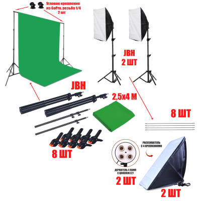 Комплект KF-270ZP-SB: каркас для фотозоны, фотофон хромакей 2.5x4 м, 8 прищепок и 2 софтбокса со штативом