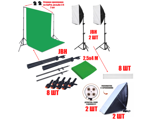 Комплект KF-270ZP-SB: каркас для фотозоны, фотофон хромакей 2.5x4 м, 8 прищепок и 2 софтбокса со штативом