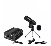 Конденсаторный микрофон BM800 черный с фантомным питанием PHP2 48V на настольной треноге с кабелями для подключения