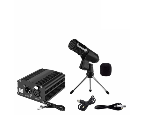 Конденсаторный микрофон BM800 черный с фантомным питанием PHP2 48V на настольной треноге с кабелями для подключения