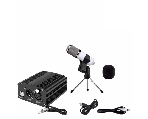 Конденсаторный микрофон BM800 белый с фантомным питанием PHP2 48V на настольной треноге с кабелями для подключения