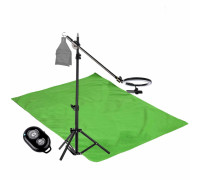 Комплект JKL26-F152K для горизонтальной съемки: напольная стойка JBH с кольцевой лампой 26 см, крючок для противовеса, фотофон 1.5х2 м, и кнопка Bluetooth