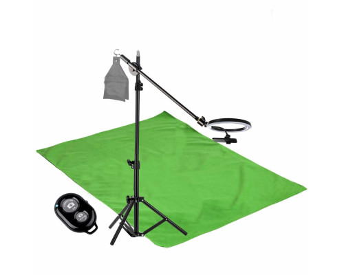 Комплект JKL26-F152K для горизонтальной съемки: напольная стойка JBH с кольцевой лампой 26 см, крючок для противовеса, фотофон 1.5х2 м, и кнопка Bluetooth